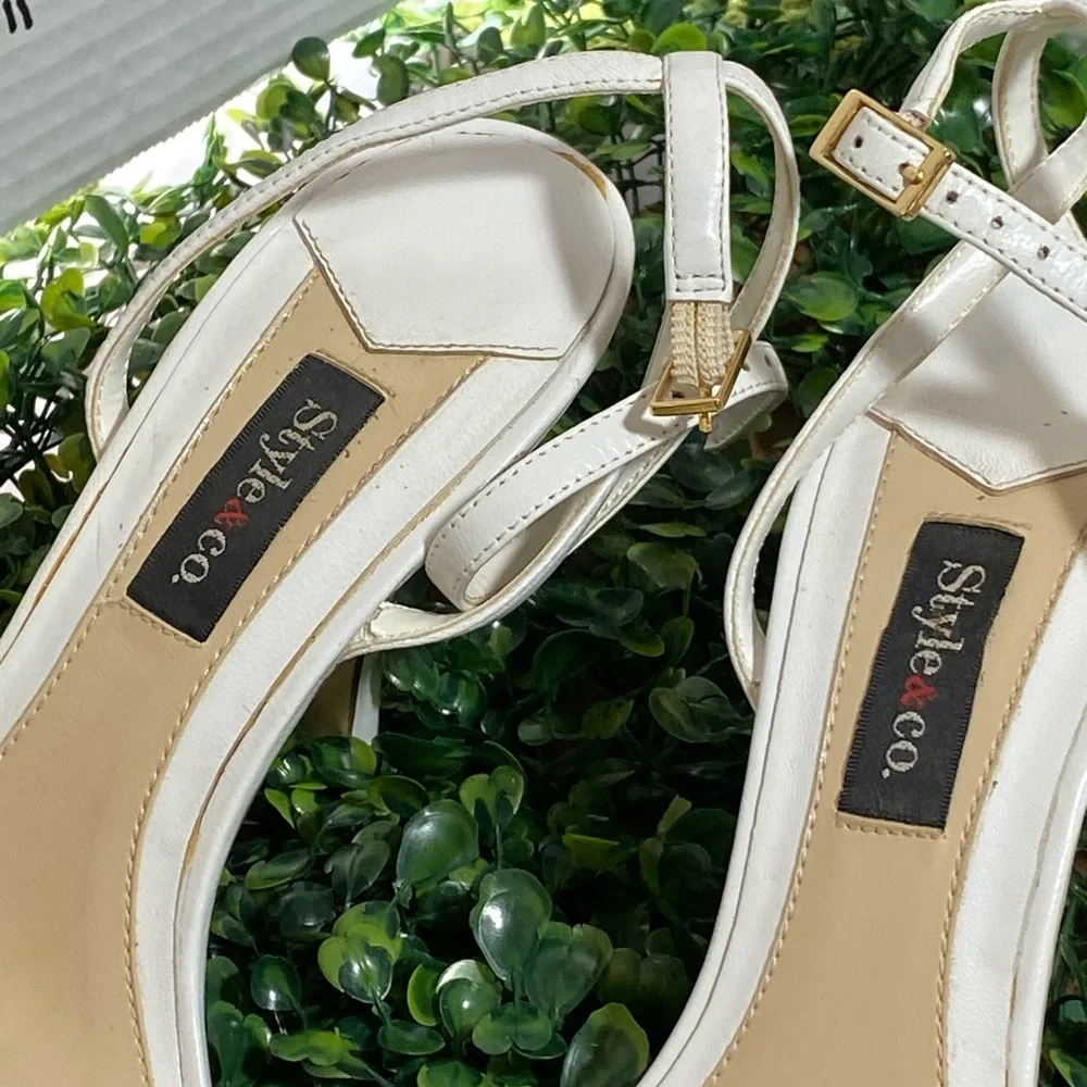 Style & Co. White Open-Toe Heels with Gold Chain Accent